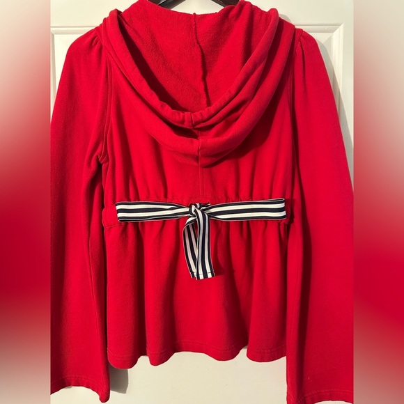 ANTHROPOLOGIE Sunday Mon M Coastal Red Hoodie Ribbon Bow Bell Sleeve Rope String - Picture 12 of 16